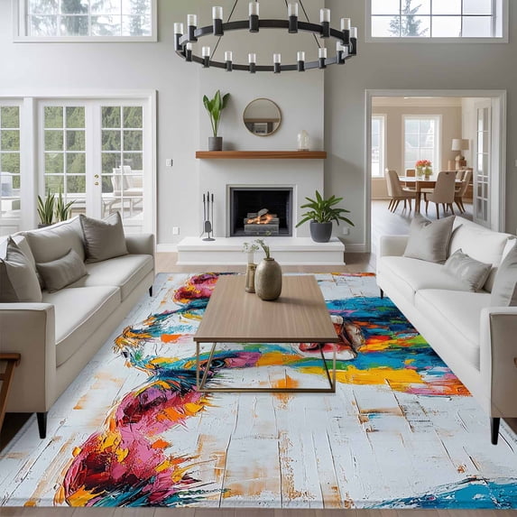 8x10 Washable Area Rug, Country Oil Painting Non-Slip Extra Large Rectangle Rug for Living Room Bedroom, Retro Colorful Cow Wood Grain Indoor Floor Mat for Home Decor