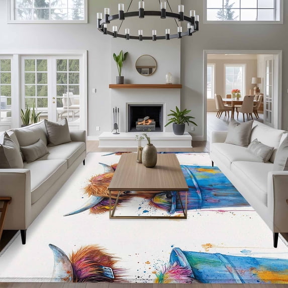 8x10 Washable Area Rug, Farm Animal Non-Slip Extra Large Rectangle Rug for Living Room Bedroom, Brown Cow Watercolor Blue Bucket Country Indoor Floor Mat for Home Decor