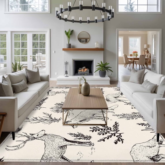 8x10 Washable Area Rug, Forest Animal Non-Slip Extra Large Rectangle Rug for Living Room Bedroom, Line Drawing Deer Foxes Cool Wolf Spring Weed Casual Indoor Floor Mat for Home Decor