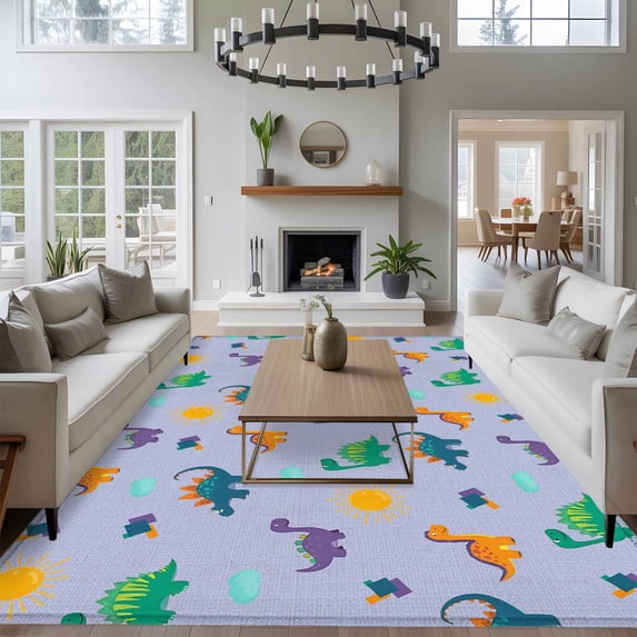 8x10 Washable Area Rug, Green Dinosaur Non-Slip Extra Large Rectangle Rug for Living Room Bedroom, Cartoon Blue Animal Sun Cloud Purple Background Indoor Floor Mat for Home Decor