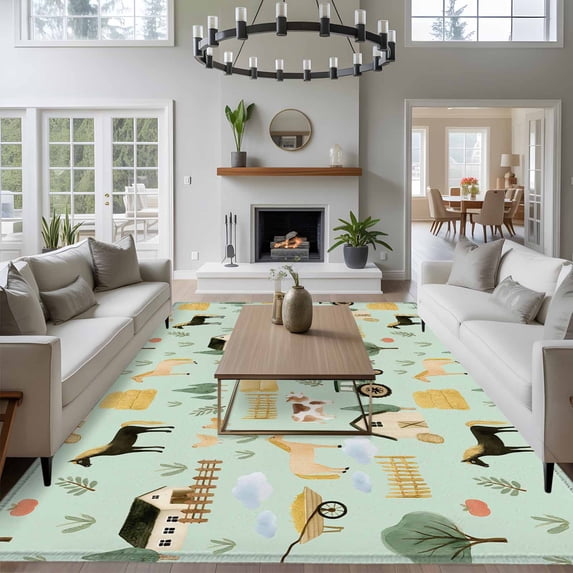 8x10 Washable Area Rug, Green Farm Non-Slip Extra Large Rectangle Rug for Living Room Bedroom, Farmhouse Cartoon Horse Cow Chicken Fence Truck Tree Indoor Floor Mat for Home Decor