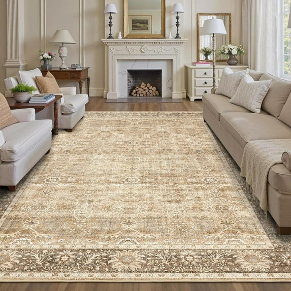 8x10 Washable Area Rug Green Vintage Rug for Living Room Bedroom Low Pile Soft Non-Slip Boho Rug for Under Table Boho Distressed Retro Carpet for Bedroom Kitchen Office Dining