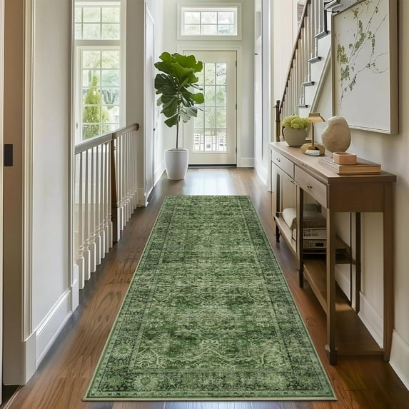 8x10 Washable Area Rug Green Vintage Rug for Living Room Bedroom Low Pile Soft Non-Slip Boho Rug for Under Table Boho Distressed Retro Carpet for Bedroom Kitchen Office Dining