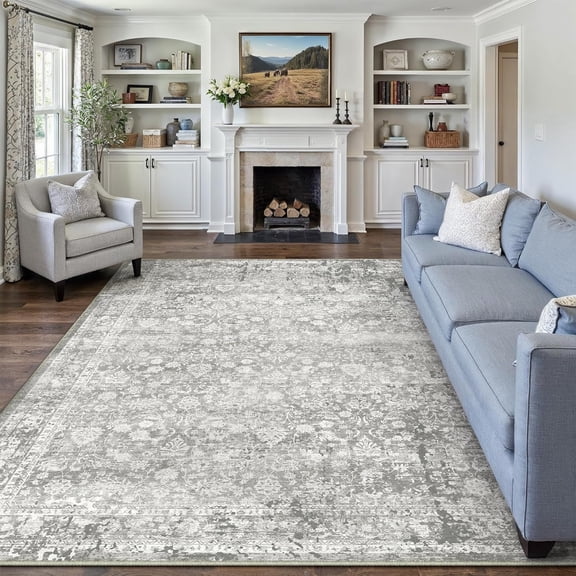 8x10 Washable Area Rug Grey Modren Neutral Living Room Bedroom Indoor Carpet Farmhuose Non Slip Low Pile Soft Large Thin Throw Rug for Dining Room Office Decor