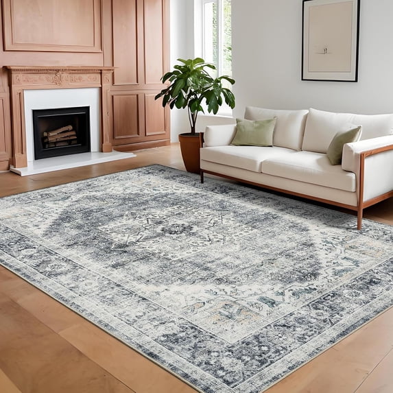 8x10 Washable Area Rug, Grey Vintage Large, Traditional Floor Cover, Thin, Retro, Indoor, Distressed, Non-Slip Carpet, Floral Print Mat, Dining Room.