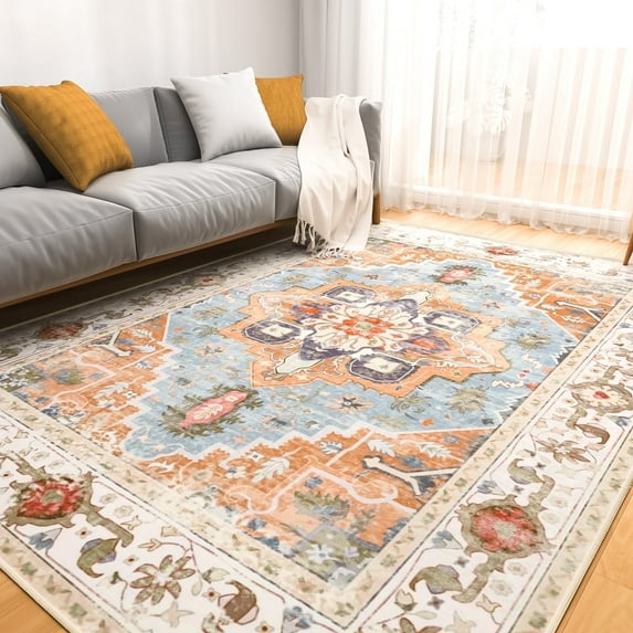 Cshidworld 8x10 Washable Area Rug - Large Soft Rugs for Living Room, Vintage Rug Foldable Non Slip Carpet Floral Print Mat Bedroom Living Room Kitchen Office, Easy-Cleaning