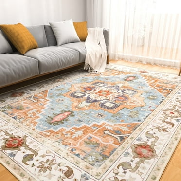 8x10 Washable Area Rug - Large Soft Rugs for Living Room Vintage Beige Rug, Vintage Rug Foldable Thin Rug Accent Rug Non Slip Carpet Floral Print Mat Bedroom Living Room Kitchen Office, Easy-Cleaning