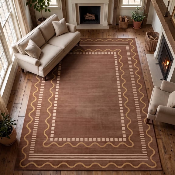 CHAKME 8x10 Washable Area Rug for Living Room, Modern Boho Scalloped Border Rug with Dashed Geometric Frame, Soft Foldable Carpet for Bedroom Dining Room, Brown & Cream