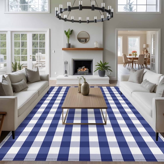 8x10 Washable Area Rug, Navy Blue Non-Slip Extra Large Rectangle Rug for Living Room Bedroom, Buffalo Plaid Indoor Floor Mat for Home Decor