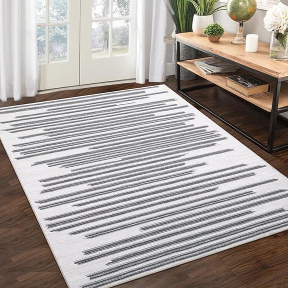 8x10 Washable Area Rug - Non-Slip Low Pile, Modern Berber Stripe, Cream/Grey