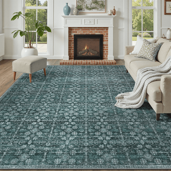8x10 Washable Area Rug, Non-Slip, Stain-Resistant Low-Pile Vintage Neutral Boho Rug for Living Room, Dining Room, Bedroom, Soft Large Carpet -Dark blue-black