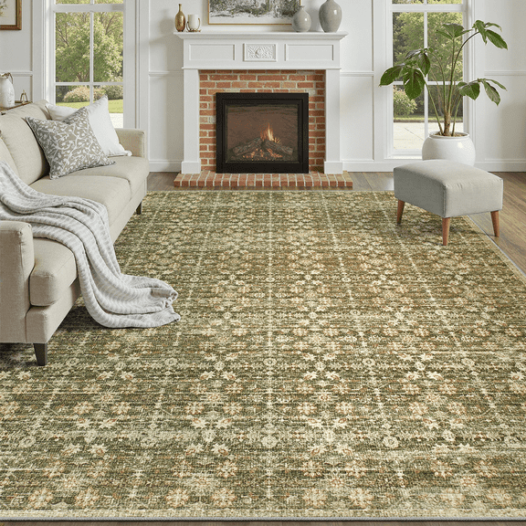 8x10 Washable Area Rug, Non-Slip, Stain-Resistant Low-Pile Vintage Neutral Boho Rug for Living Room, Dining Room, Bedroom, Soft Large Carpet -Olive Green