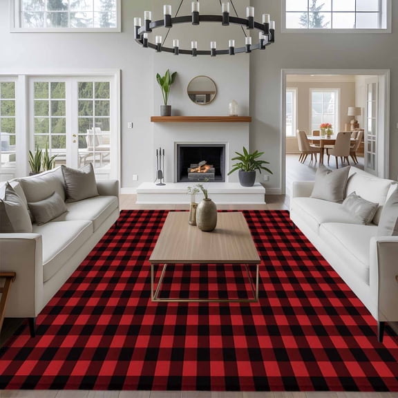 8x10 Washable Area Rug, Red and Black Buffalo Check Plaid Non-Slip Extra Large Rectangle Rug for Living Room Bedroom, Lattice Classic Black Red Indoor Floor Mat for Home Decor