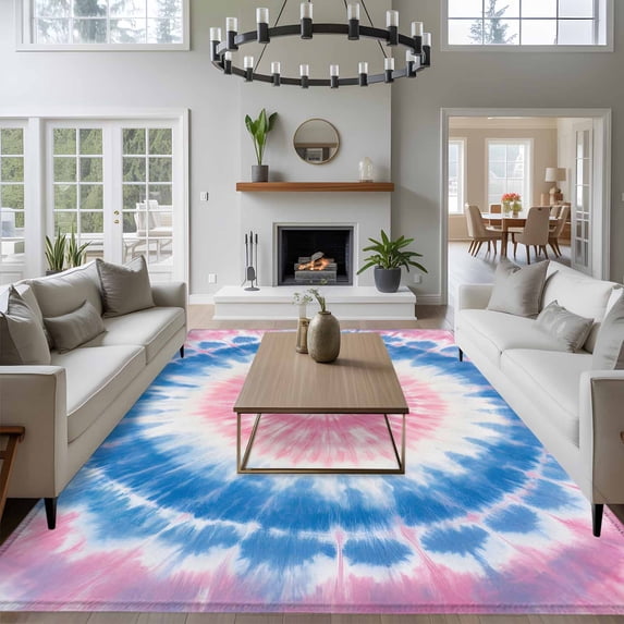 8x10 Washable Area Rug, Round Tie-dye Non-Slip Extra Large Rectangle Rug for Living Room Bedroom, Blue Pink Watercolor Retro Ethnic Style Indoor Floor Mat for Home Decor