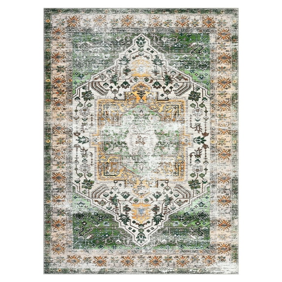8x10 Washable Area Rug - Vintage Distressed Non-Slip Carpet for Living Room & Bedroom,Orange-Green