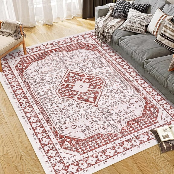 8x10 Washable Area Rug Vintage Printed Pattern Low Pile Soft Non Slip Carpet for Living Room Bedroom Dining Room Kitchen, Rusty red
