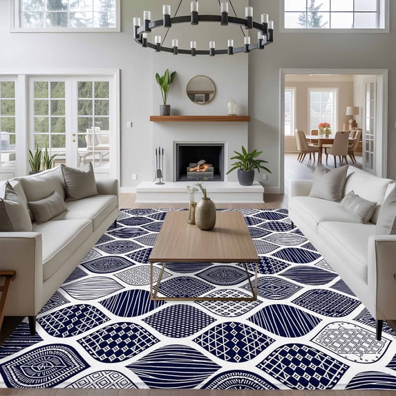 8x10 Washable Area Rug, Vintage Texture Non-Slip Extra Large Rectangle Rug for Living Room Bedroom, Classic Blue Stripe Decorative Indoor Floor Mat for Home Decor