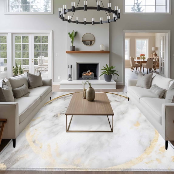 8x10 Washable Area Rug, White Marble Non-Slip Extra Large Rectangle Rug for Living Room Bedroom, Abstract Gold Circle Marble Texture Contemporary Indoor Floor Mat for Home Decor