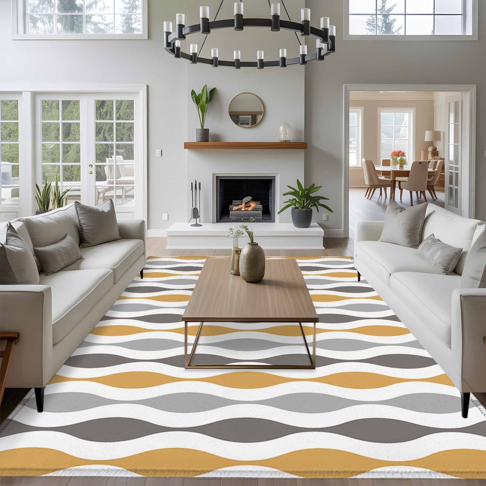 8x10 Washable Area Rug, Yellow Gray Non-Slip Extra Large Rectangle Rug ...