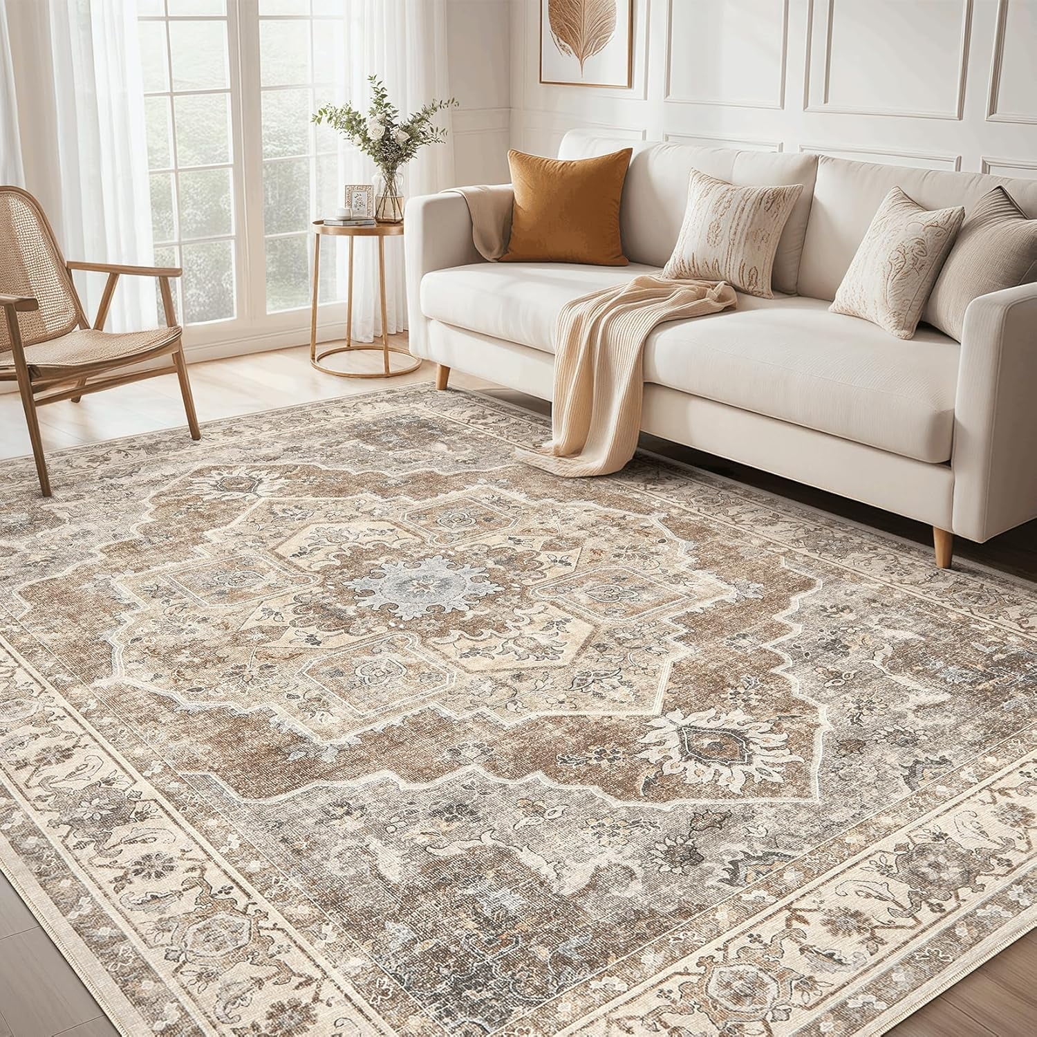 Toyoso 8x10 Washable Area Rugs for Living Room - Vintage Distressed Floral Neutral Boho Farmhouse Thin Soft Large Rug Indoor Floor No Slip Rug Carpet for Bedroom Dining Room Decor - Brown