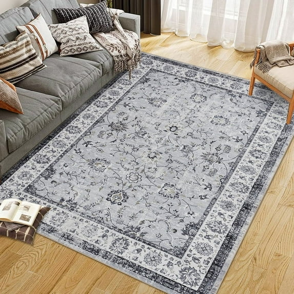 8x10 Washable Boho Vintage Rug Soft Large Area Rug Non-Slip Non-Shedding Faux Wool Vintage Carpet for Dining Room Living Room Kids Playroom (Grey)