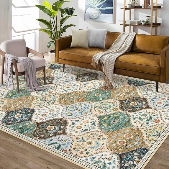 8x10 Washable Floral Trellis Rug, Non-Slip, Low Pile, Non-Shedding for Living Room, Bedroom, Home Decor, Beige.