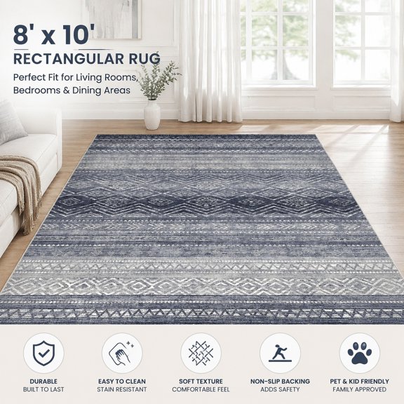 8x10 Washable Large Soft Neutral Boho Moroccan Bohemian Farmhouse Area Rug for Living Room Bedroom Dining Table Home Office Carpet Blue Gray