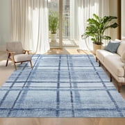 8x10 Washable Non Slip Area Rug, Blue Modern Geometric Distressed, Living Room