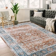 8x10 Washable Non-Slip Area Rug, Distressed Oriental Print, for Living Room, Blue/Orange