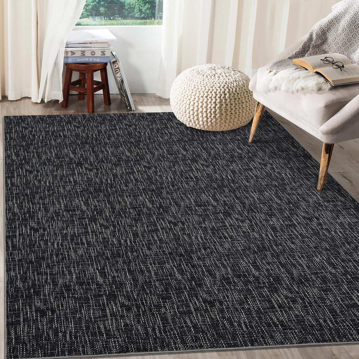 8x10 Washable Rug, Non-Slip, Modern Abstract Area Rug, Stain Resistant, Large, Contemporary Accent Throw, Floor Carpet, Dining, Home Decor, Black.