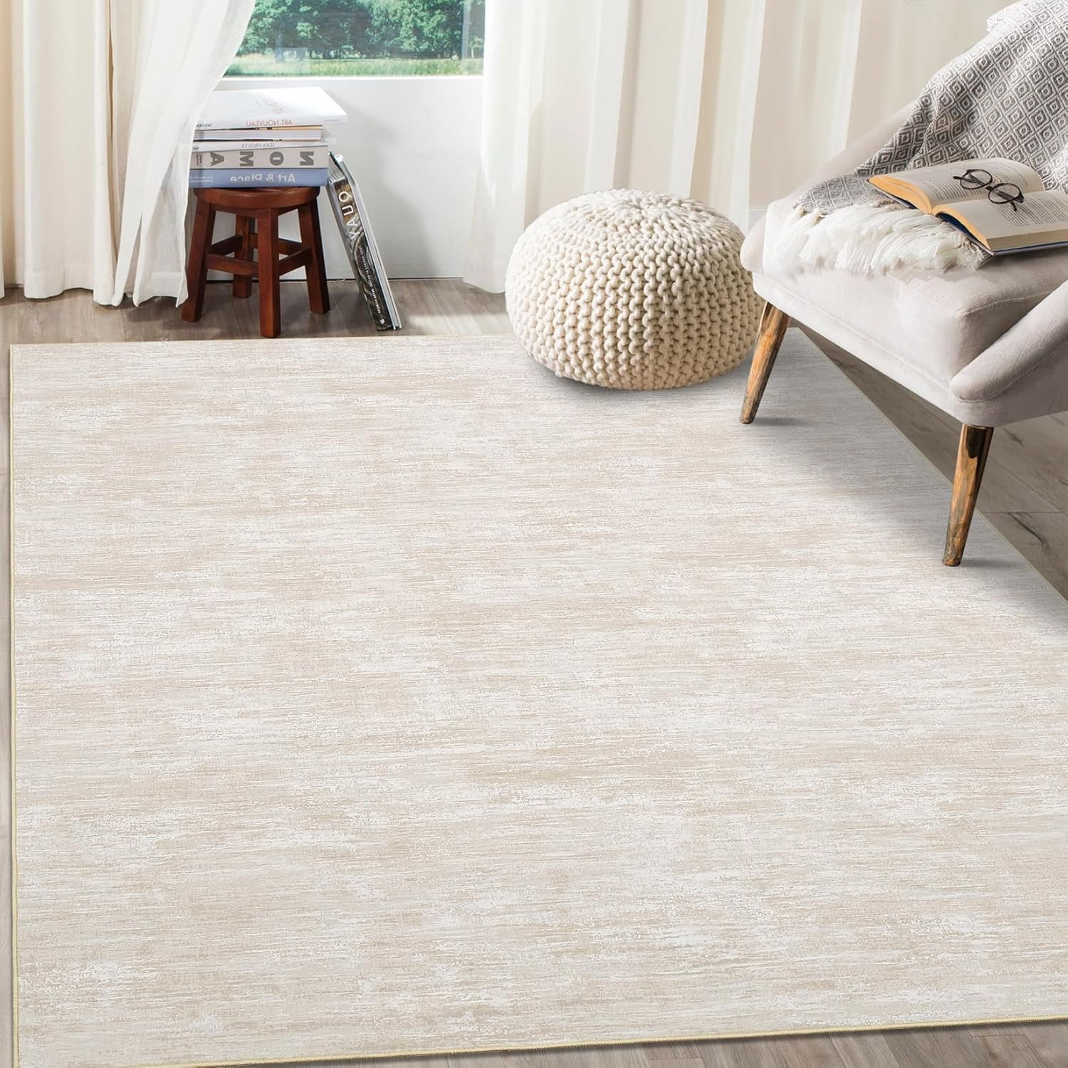 8x10 Washable Rug Non-Slip Modern Abstract Area Rug Stain Resistant Large Rug Contemporary Accent Throw Floor Carpet Solid Rug Dining Home Beige