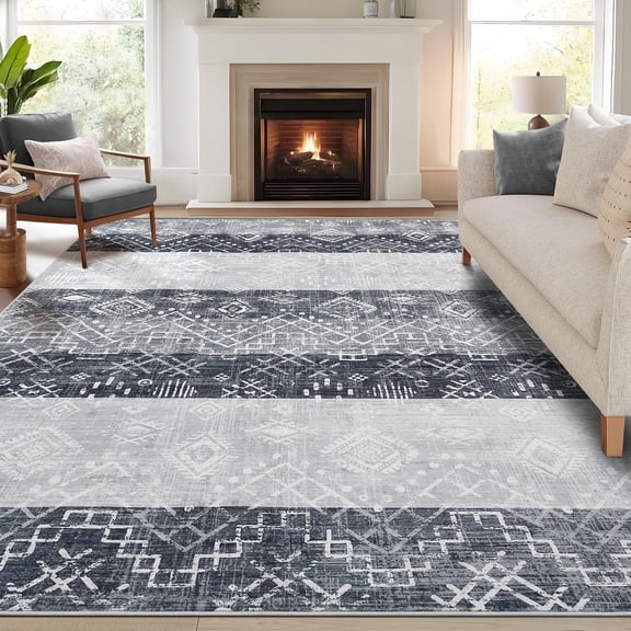 8x10 Washable Rug Non Slip Rugs Vintage Rug Foldable Indoor Carpet Ultra-Soft Geometric Printed Rug Playroom Dorm Grey/ 8'× 10'