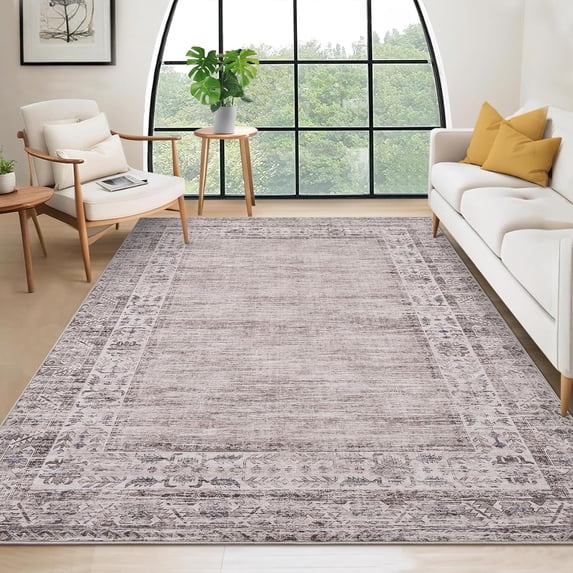 8x10 Washable Vintage Border Area Rug, Soft, Stain-Resistant Boho Carpet for Living Room, Bedroom, Dining Room, Kitchen, Office, Taupe.