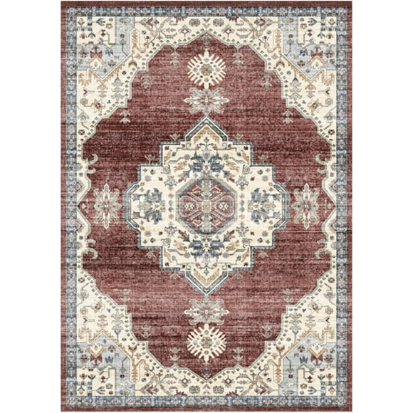 8x10 Washable Vintage Medallion Area Rug - Distressed Design for Living Room and Entryway，Beige Red