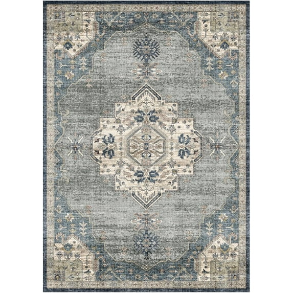 8x10 Washable Vintage Medallion Area Rug - Distressed Design for Living Room and Entryway,Grey-Blue