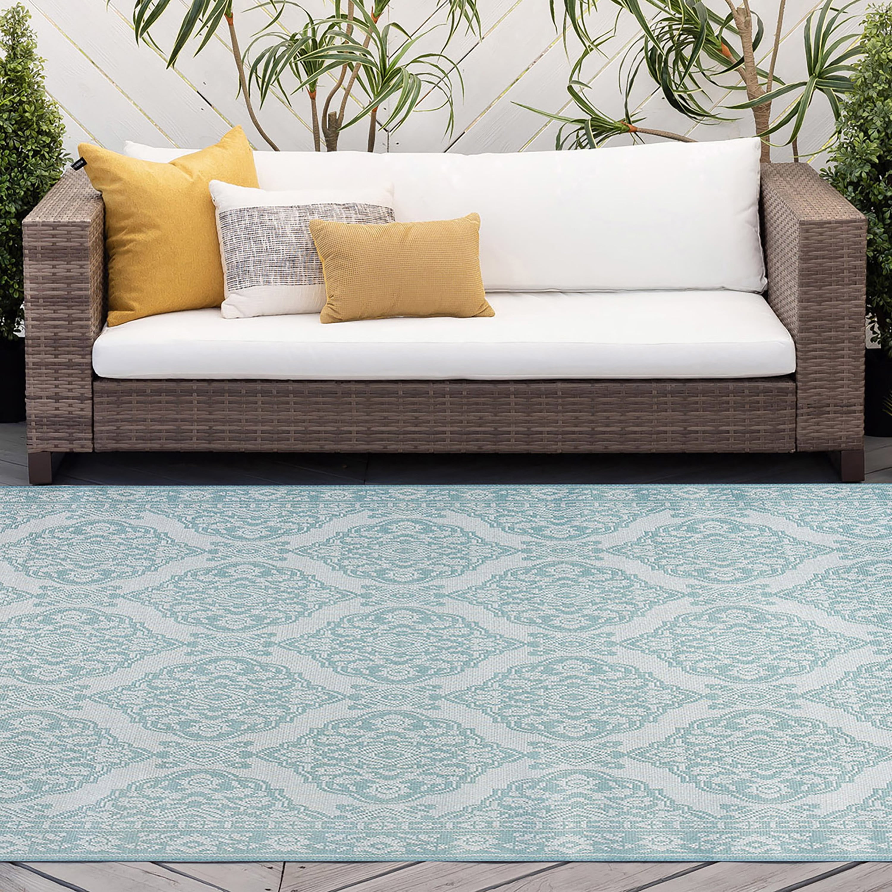 8x10 Water Resistant, Large Indoor Outdoor Rugs for Patios, Front Door Entry, Entryway, Deck, Porch, Balcony | Outside Area Rug for Patio | Aqua, Floral | Size: 7'11'' x 10'3''