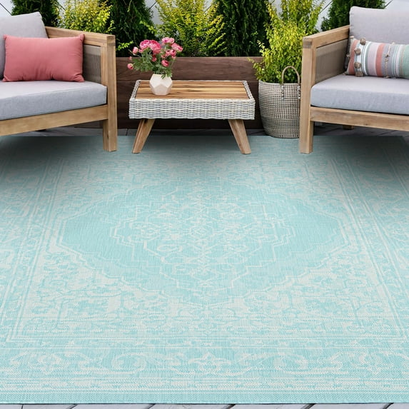 8x10 Water Resistant, Large Indoor Outdoor Rugs for Patios, Front Door Entry, Entryway, Deck, Porch, Balcony | Outside Area Rug for Patio | Aqua, Floral | Size: 7'11'' x 10'3''