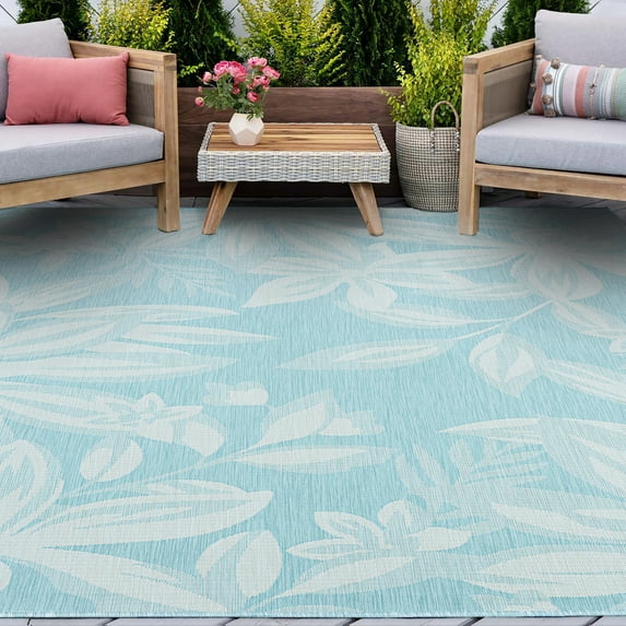 8x10 Water Resistant, Large Indoor Outdoor Rugs for Patios, Front Door Entry, Entryway, Deck, Porch, Balcony | Outside Area Rug for Patio | Aqua, Floral | Size: 7'11'' x 10'3''