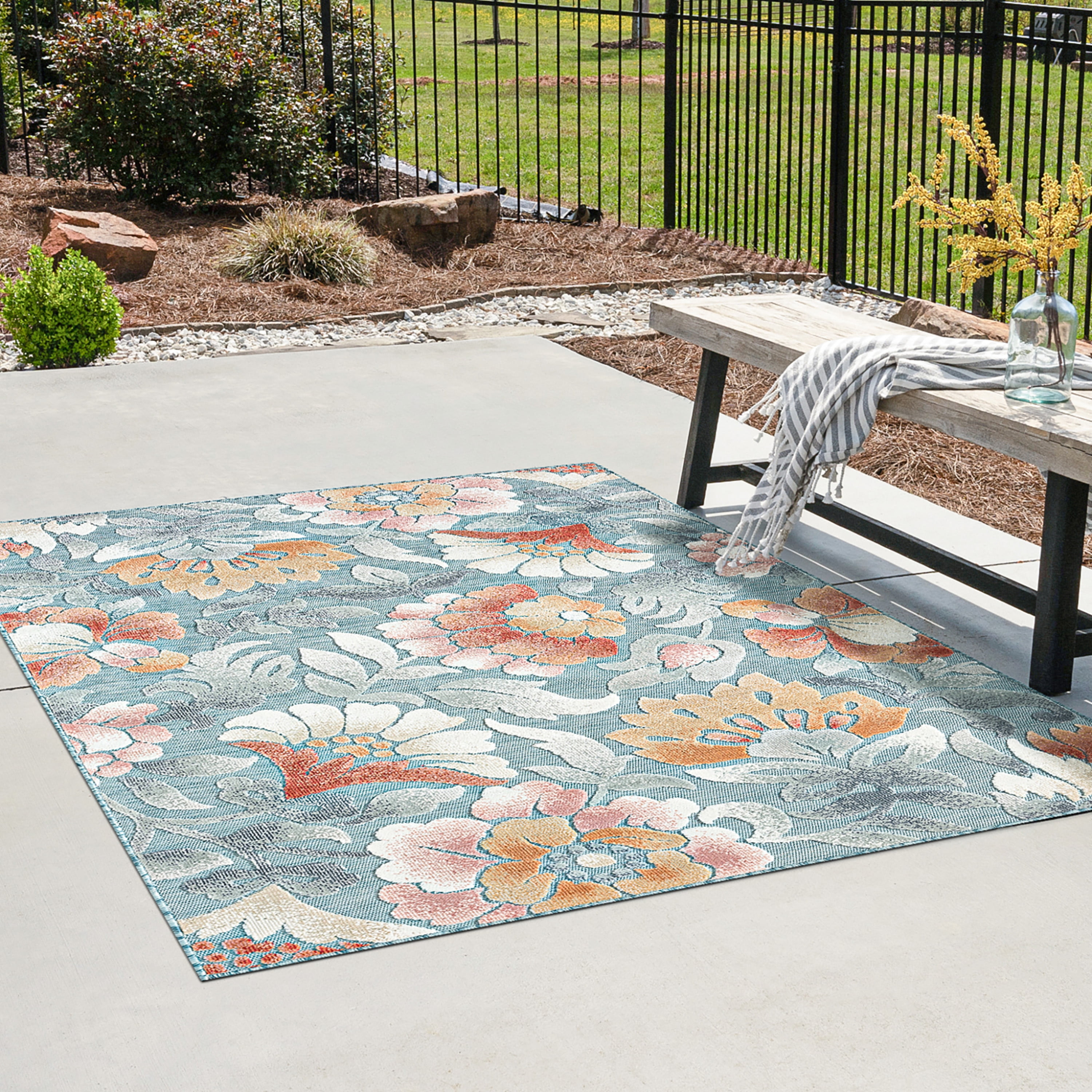 8x10 Water Resistant, Large Indoor Outdoor Rugs for Patios, Front Door Entry, Entryway, Deck, Porch, Balcony | Outside Area Rug for Patio | Aqua, Floral | Size: 7'7'' x 10'3''