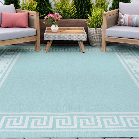 8x10 Water Resistant, Large Indoor Outdoor Rugs for Patios, Front Door Entry, Entryway, Deck, Porch, Balcony | Outside Area Rug for Patio | Aqua, Greek Key | Size: 7'10'' x 10'2''