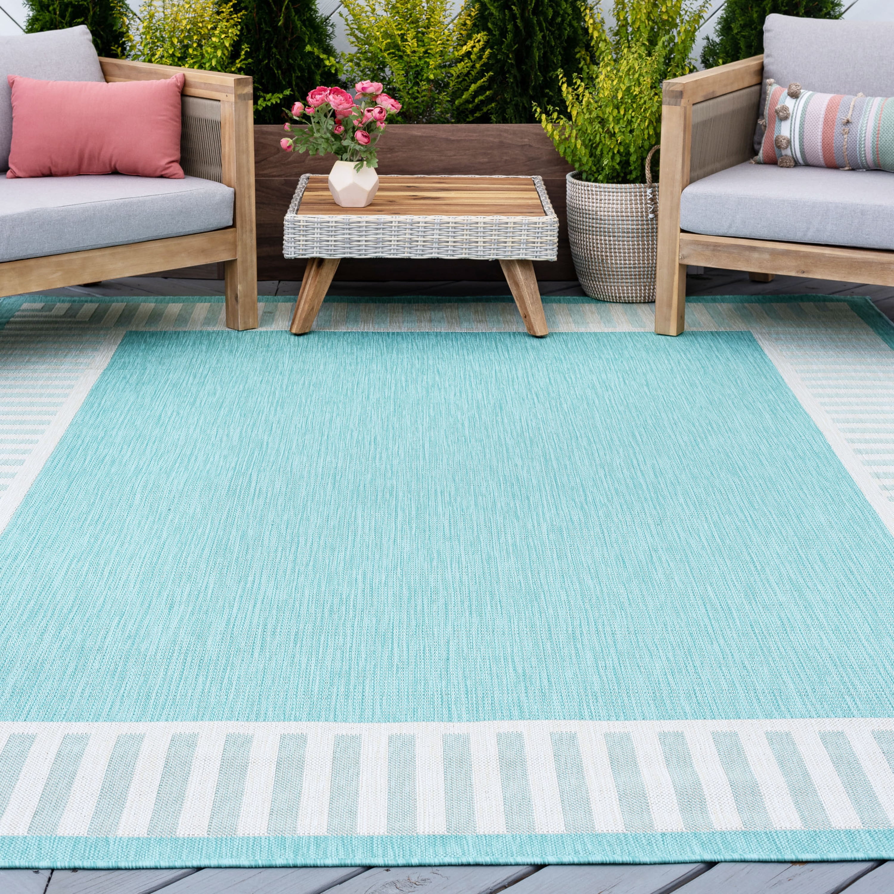 8x10 Water Resistant, Large Indoor Outdoor Rugs for Patios, Front Door Entry, Entryway, Deck, Porch, Balcony | Outside Area Rug for Patio | Aqua, Striped Border | Size: 7'10'' x 10'2''