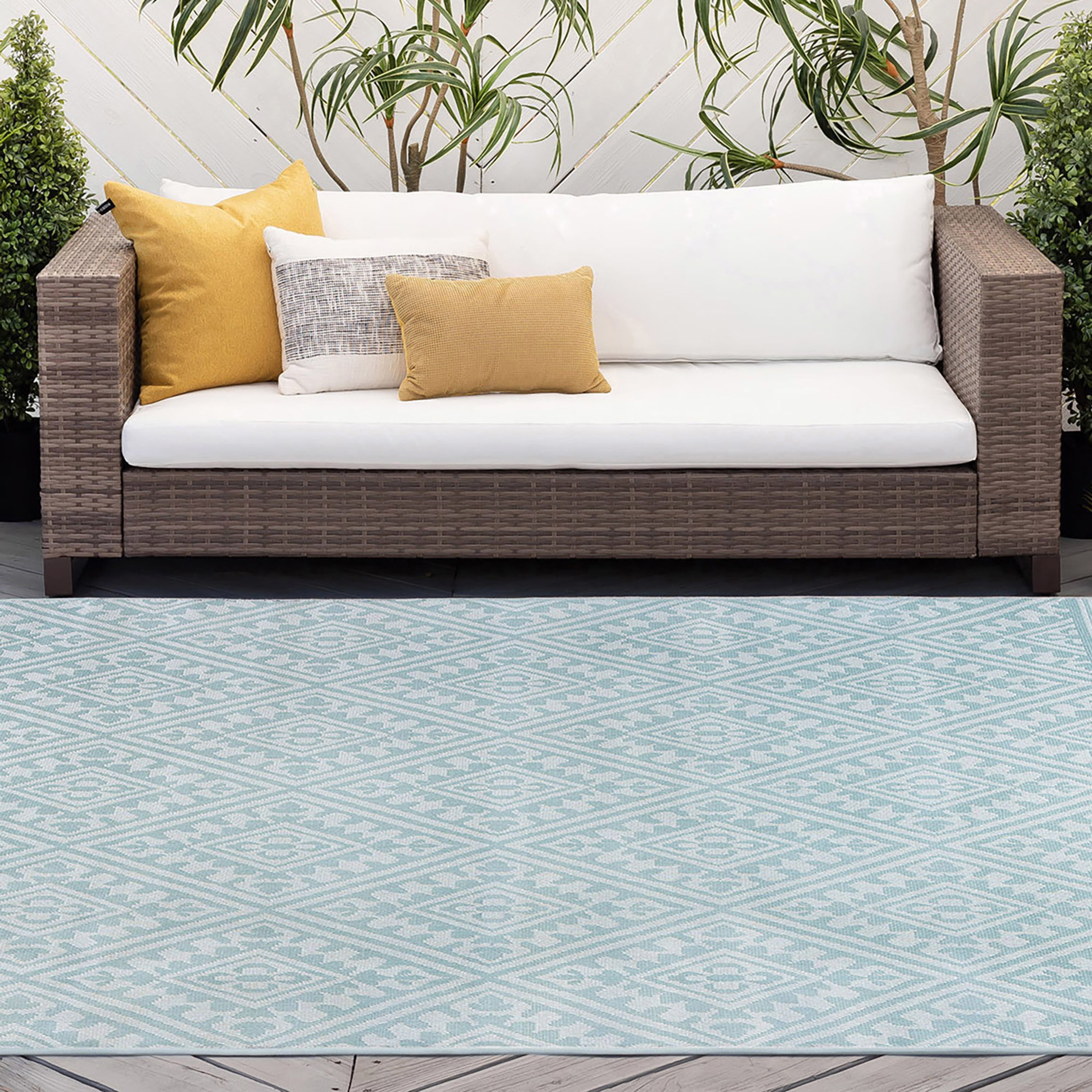 8x10 Water Resistant, Large Indoor Outdoor Rugs for Patios, Front Door Entry, Entryway, Deck, Porch, Balcony | Outside Area Rug for Patio | Aqua, Tribal | Size: 7'11'' x 10'3''
