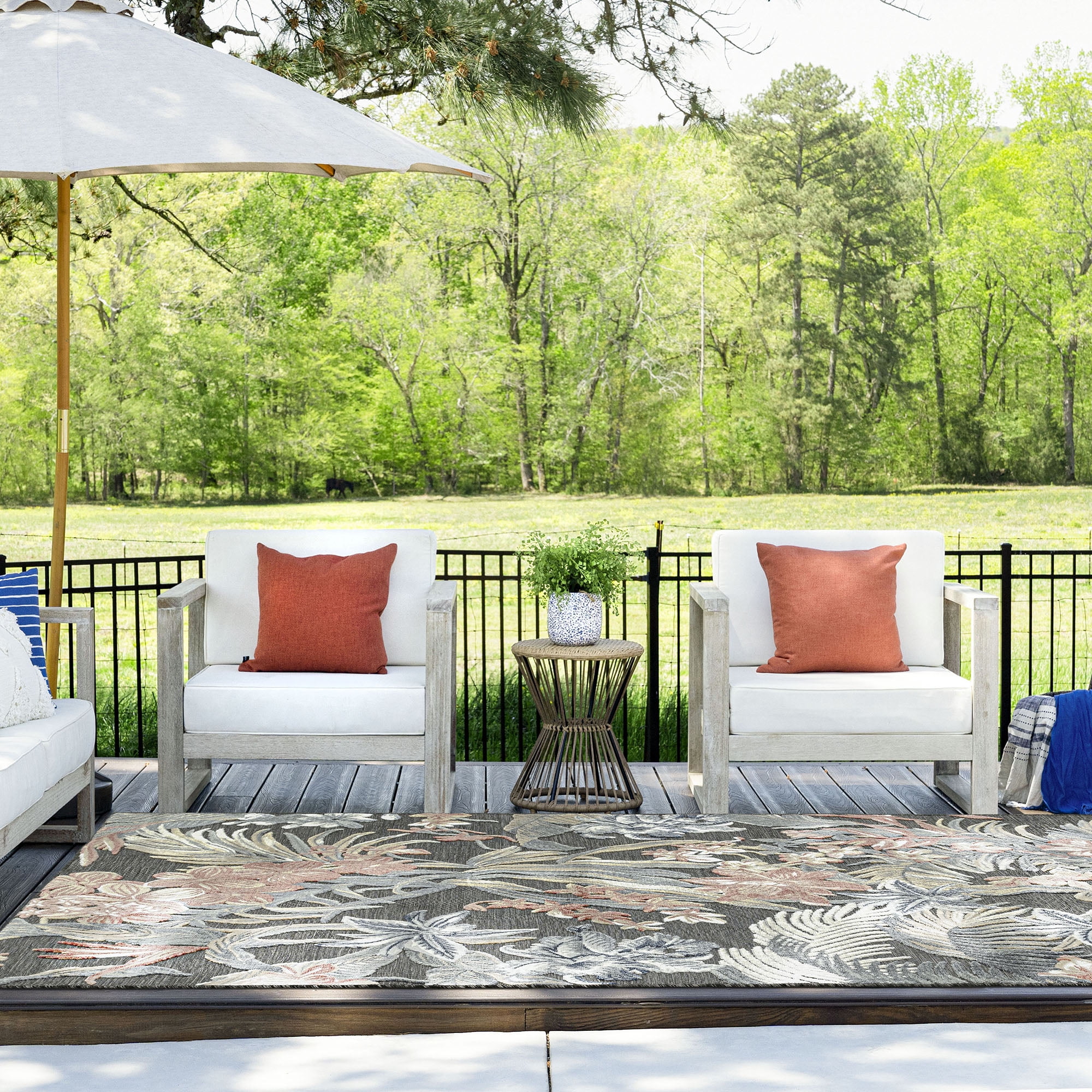 8x10 Water Resistant, Large Indoor Outdoor Rugs for Patios, Front Door Entry, Entryway, Deck, Porch, Balcony | Outside Area Rug for Patio | Black, Floral | Size: 7'7'' x 10'3''