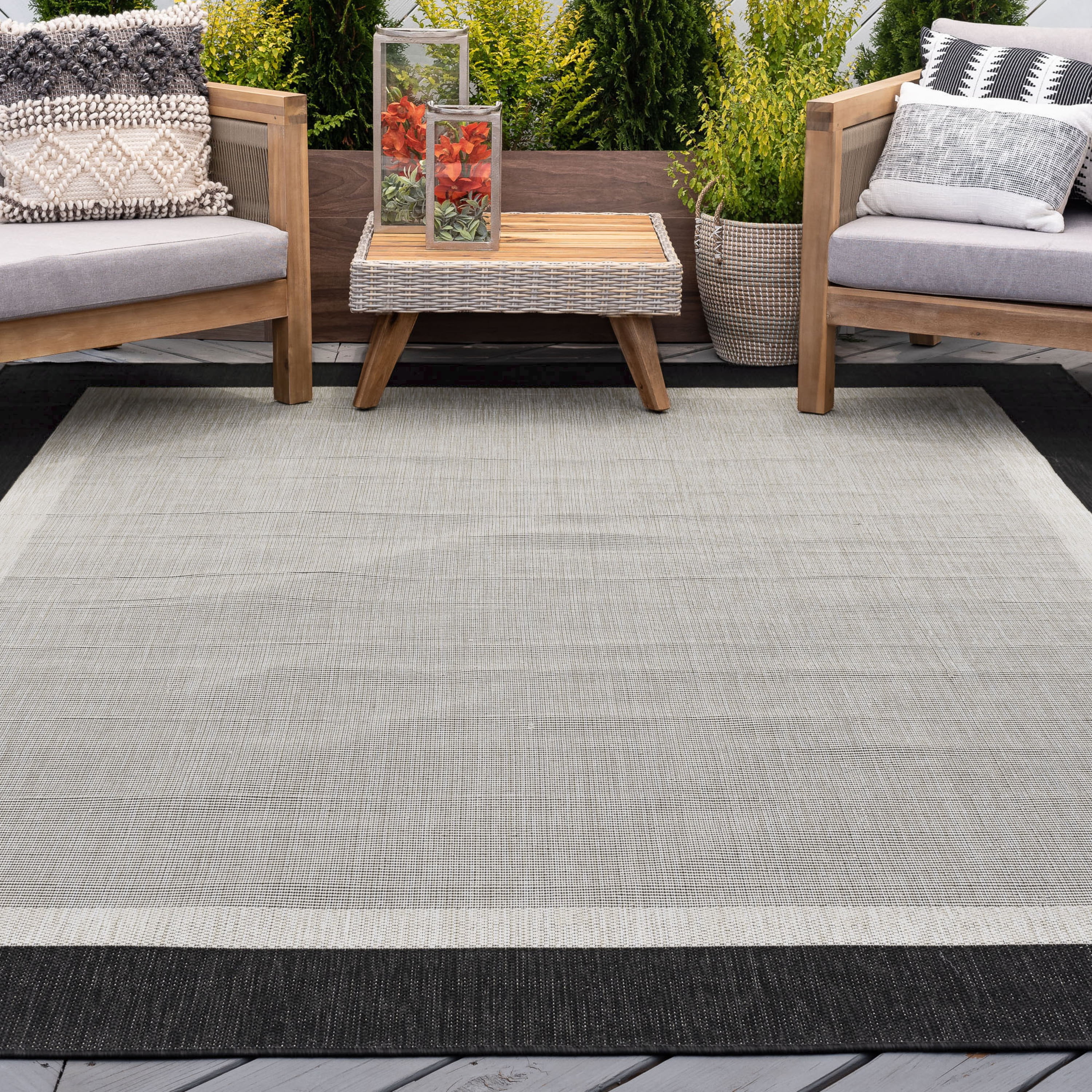 8x10 Water Resistant, Large Indoor Outdoor Rugs for Patios, Front Door Entry, Entryway, Deck, Porch, Balcony | Outside Area Rug for Patio | Black, Solid Border | Size: 7'10'' x 10'2''