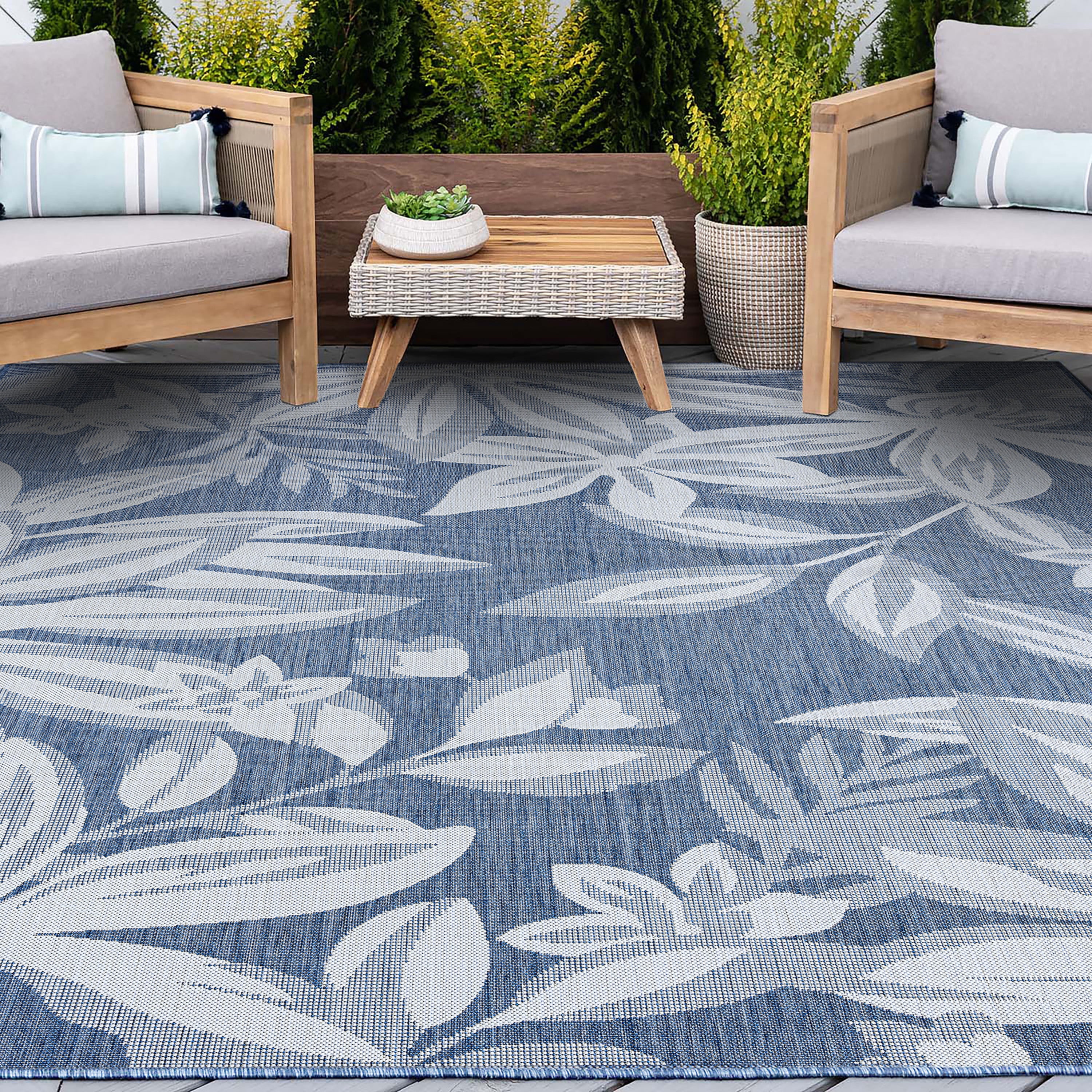 8x10 Water Resistant, Large Indoor Outdoor Rugs for Patios, Front Door Entry, Entryway, Deck, Porch, Balcony | Outside Area Rug for Patio | Blue, Floral | Size: 7'11'' x 10'3''