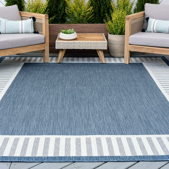 8x10 Water Resistant, Large Indoor Outdoor Rugs for Patios, Front Door Entry, Entryway, Deck, Porch, Balcony | Outside Area Rug for Patio | Blue, Striped Border | Size: 7'10'' x 10'2''