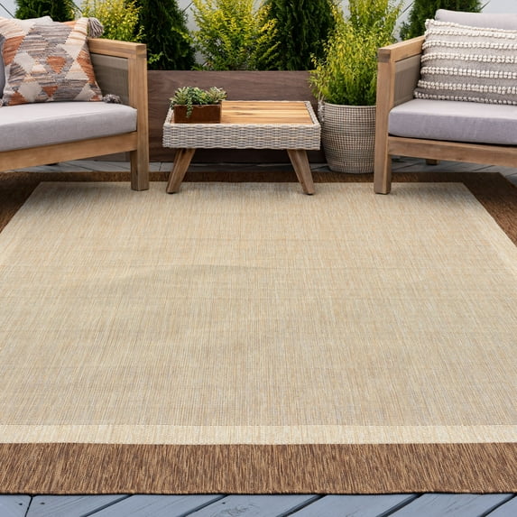 8x10 Water Resistant, Large Indoor Outdoor Rugs for Patios, Front Door Entry, Entryway, Deck, Porch, Balcony | Outside Area Rug for Patio | Brown, Solid Border | Size: 7'10'' x 10'2''