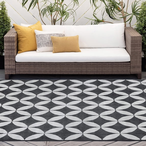 8x10 Water Resistant, Large Indoor Outdoor Rugs for Patios, Front Door Entry, Entryway, Deck, Porch, Balcony | Outside Area Rug for Patio | Charcoal, Geometric | Size: 7'11'' x 10'3''