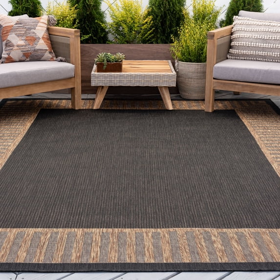 8x10 Water Resistant, Large Indoor Outdoor Rugs for Patios, Front Door Entry, Entryway, Deck, Porch, Balcony | Outside Area Rug for Patio | Gold, Striped Border | Size: 7'10'' x 10'2''