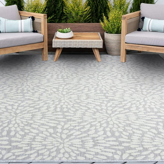 8x10 Water Resistant, Large Indoor Outdoor Rugs for Patios, Front Door Entry, Entryway, Deck, Porch, Balcony | Outside Area Rug for Patio | Gray, Floral | Size: 7'11'' x 10'3''